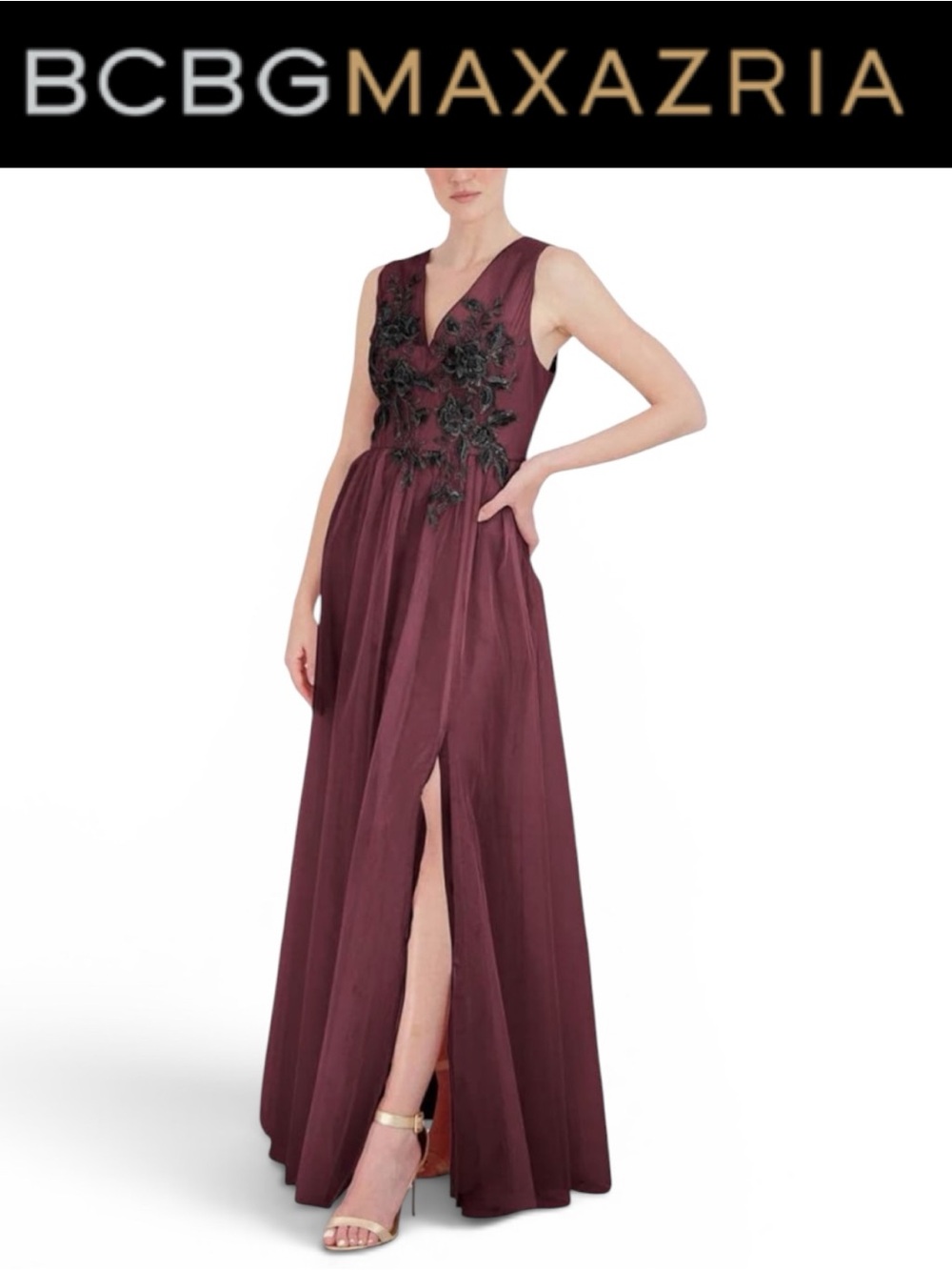 BCBGMAXAZRIA WINE TULLE GOWN BLACK FLORAL LACE APPLIQUÉ SEQUIN FORMAL DRESS NWT